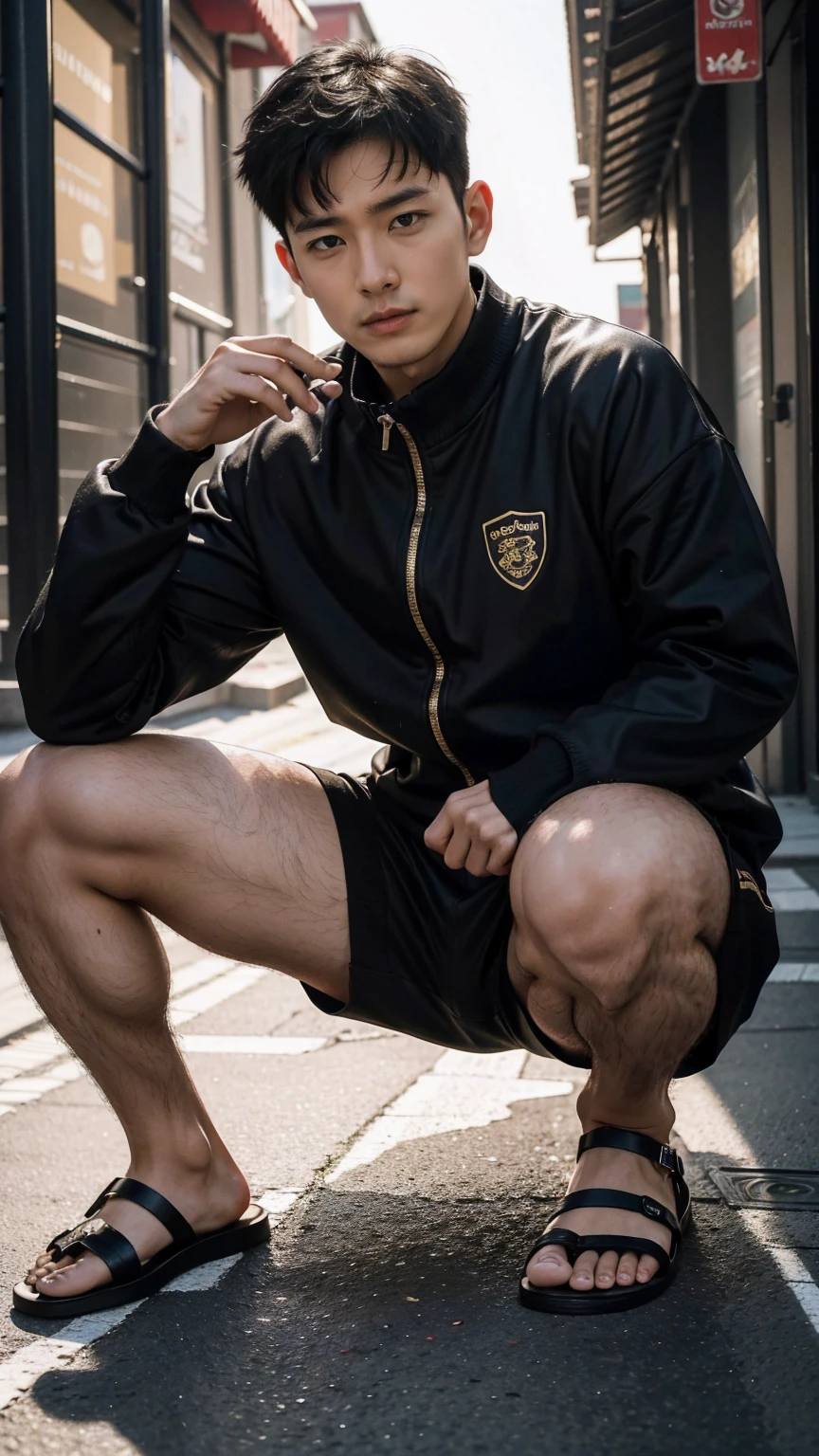 In this fascinating photo、A handsome 35-year-old Chinese man with a beaming、He is wearing a black tracksuit and black sandals.、 He was crouching on the edge of an outdoor street environment.., Colorful dust, Holi Festival, Bathed in the golden light of a beautiful day. With unparalleled attention to detail., This realistic portrait blends National Geographic style。., 8K resolution captures skin texture in fine detail. Leica digital SLR camera. His features were clearly visible., From deep-set eyes to a chiseled jawline., Make this image a true masterpiece..lift. (8K Ultra HD、Raw photo、Photorealistic Portraits Leica Digital SLR、Realistic images)