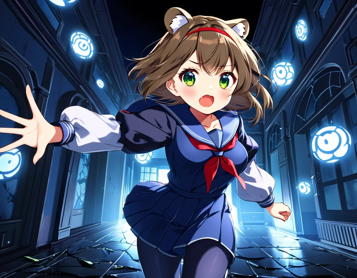 (best quality,4k,highres) A cute japaneese girl, drawn in anime style, futuristic, Frutiger aero aesthetic, sci-fi, is afraid, jade green eyes, long brown hair, ribbon headband, small breast, white and blue futuristic sailor lolita dress with puffy sleeves, school crest, red ribbon, navy blue pantyhose, High tech sport shoes with glowing parts, holding a flashlight, screaming in horror, in a abandoned haunted mansion, running away from a creepy ghost, at night, moonlight, low brightness, darkness, highly detailed, 4K.