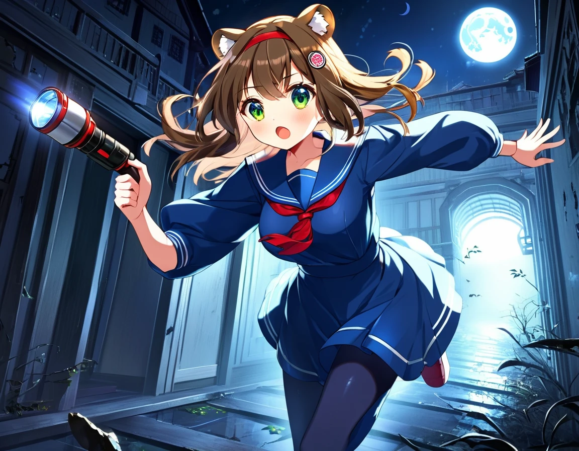 (best quality,4k,highres) A cute 15 years old japaneese girl, drawn in anime style, futuristic, Frutiger aero aesthetic, sci-fi, is afraid, jade green eyes, long brown hair, ribbon headband, small breast, white and blue futuristic sailor lolita dress with puffy sleeves, school crest, red ribbon, navy blue pantyhose, High tech sport shoes with glowing parts, holding a flashlight, screaming in horror, in a abandoned haunted mansion, running away from a creepy ghost, at night, moonlight, low brightness, darkness, highly detailed, 4K.