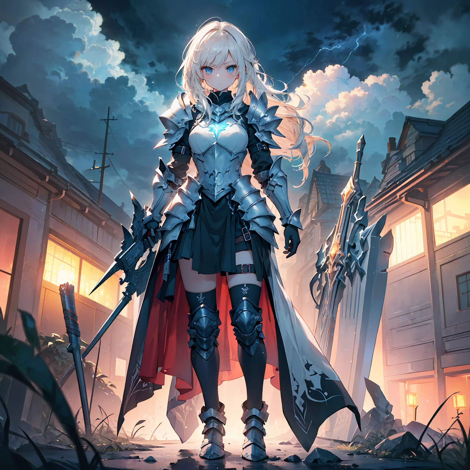 (((masterpiece, best quality, high detailed, 8k))) Design a layout showcase Gaming character, (1girl), ((slender, small breats)). Orange+Blue full body armor, stylish and unique. ((showcase weapon:1.4)), lightning rod. (masterpiece:1.2), (best quality), 4k, ultra-detailed. (Step by step design, layout art:1.5), (luminous lighting, atmospheric lighting). storm mage, ((glove full hands)), (((revealing clothes:1.3))), vambraces, armored legwear, (((full_body_shot:1.4))). {During a thunderstorm}