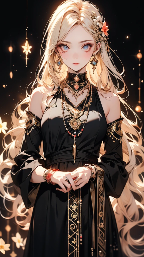 One girl, Long Hair, Light Hair Color, Captivating eyes, Mysterious look, Mature Appearance, Attractive dress, loose fitting dress, Elegant Jewelry, Elaborate decoration, Magic symbols, Glowing Accessories, Portion, Scroll, Cute accent,ribbon, Flowers,