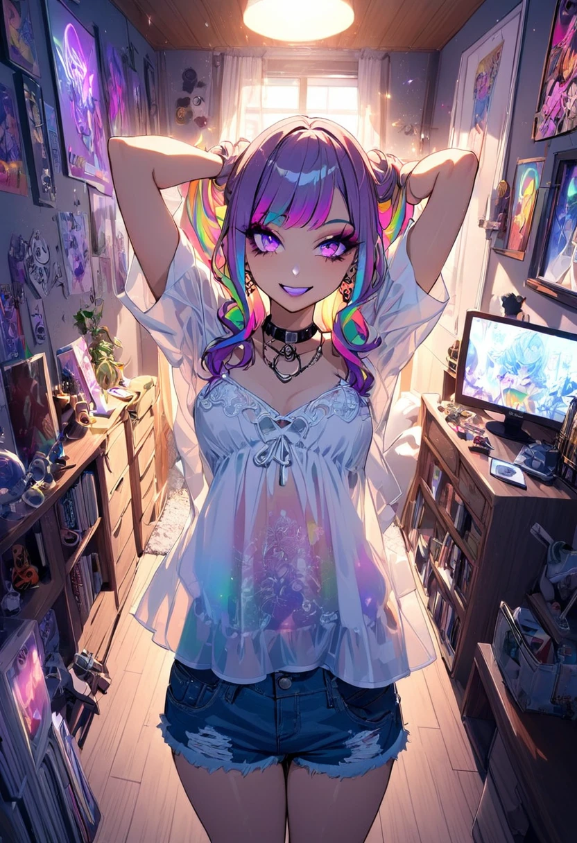 1 girl, Holo-Punk style, Rainbow hair, aretes, eyelash, ssmile, Inside the house, jewerly, lips, make up, necklase, chemise, shorth hair, manga curta, ssmile, standing alone, t-chemise, tatoo, teeths, denim trousers, white chemise, Fake Falcon, punk aesthetic, arms behind the head, cinematic angle, foreshortening, tenebrosa, tenebrosa background, cinematic lighting, work of art, best qualityer ,