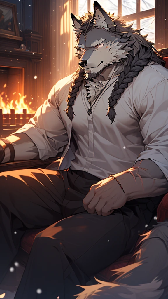 (masterpiece), (photorealistic:1.4), (1boy), (detailed face:1.2), (wolf male:1.5), (old:1.9), (aged), (retired general),(muscular build), (gray fur:1.3), (long white beard), (long white braided hair), (loose shirt), (sitting), (resting), (calm expression), (peaceful eyes), (many scars), (scar on face), (scar on body), (indoors), (cold northern region), (room), (fireplace), (fire), (window), (snow outside), (winter), (night), (dim lighting), (cinematic lighting)