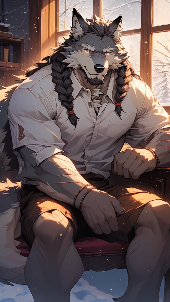 (masterpiece), (photorealistic:1.4), (1boy), (detailed face:1.2), (wolf male:1.5), (old:1.9), (aged), (retired general),(muscular build), (gray fur:1.3), (long white beard), (long white braided hair), (loose shirt), (sitting), (resting), (calm expression), (peaceful eyes), (many scars), (scar on face), (scar on body), (indoors), (cold northern region), (room), (fireplace), (fire), (window), (snow outside), (winter), (night), (dim lighting), (cinematic lighting)
