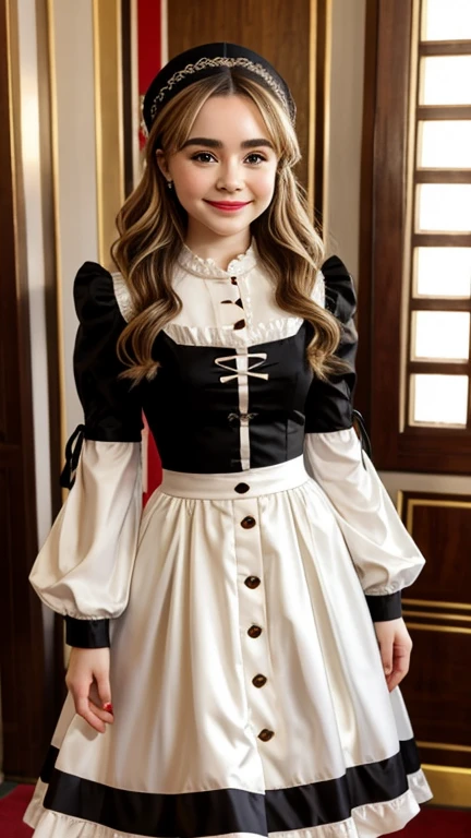Sabrina Carpenter dressed in sexy traditional Italian clothing with a smile