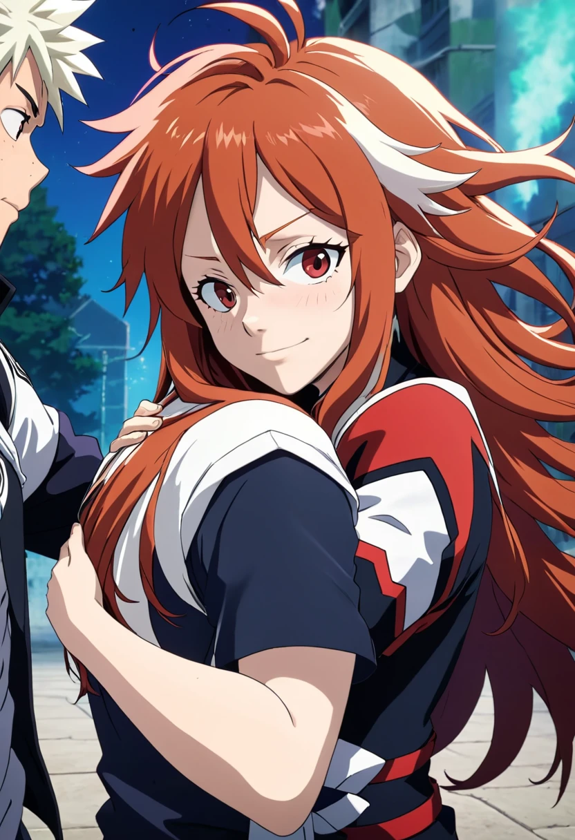 Screenshot of my hero academy, woman with long reddish hair with white highlights hugging Bakugo, Screenshot of my hero academy