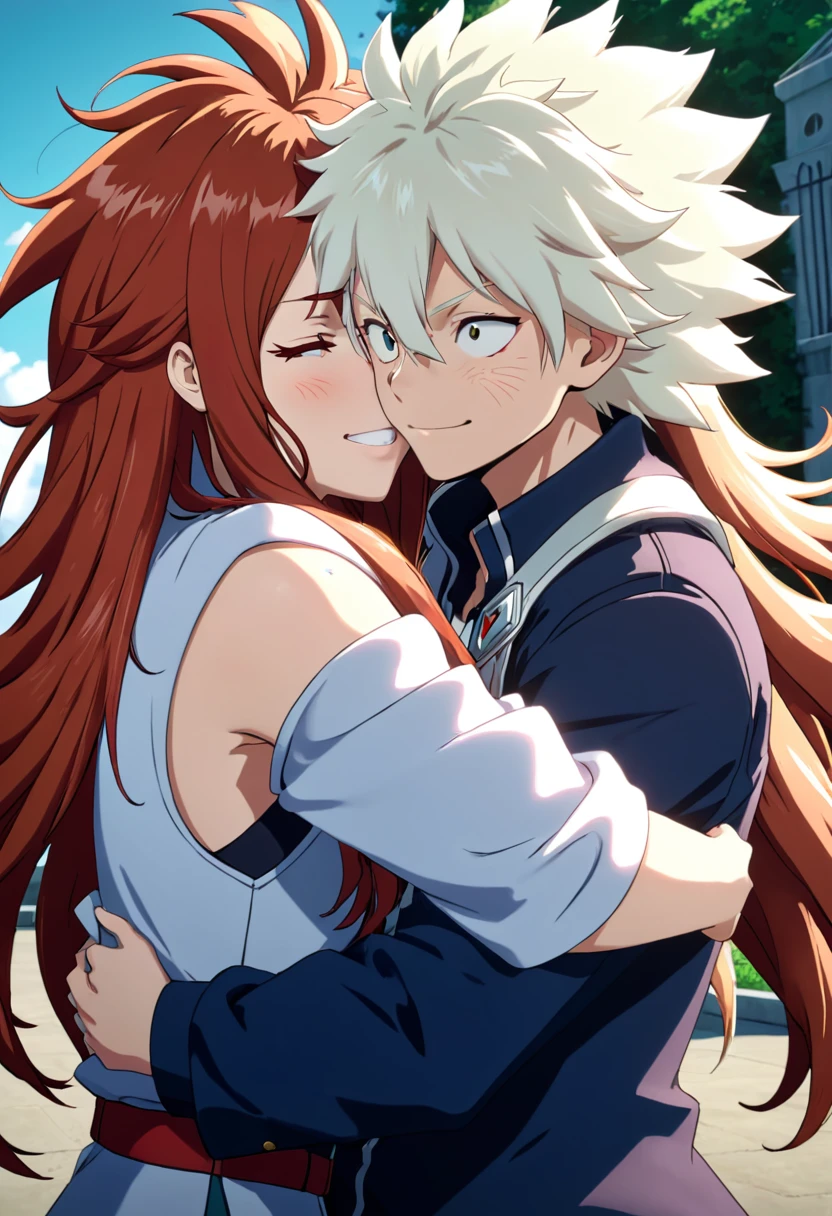Screenshot of my hero academy, woman with long reddish hair with white highlights hugging Bakugo, Screenshot of my hero academy