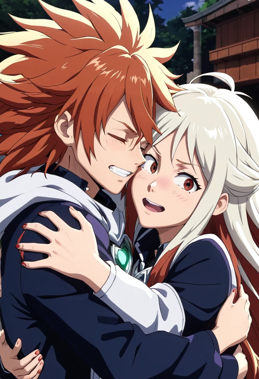 Screenshot of my hero academy, woman with long reddish hair with white highlights hugging Bakugo, Screenshot of my hero academy