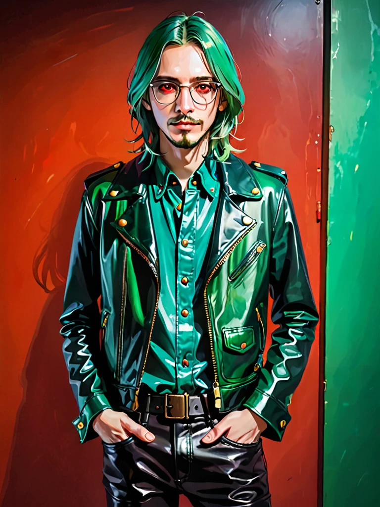man, glasses, long green hair, Red eyes, Leather Clothes, hand in pocket. I want to upload a personal photo 