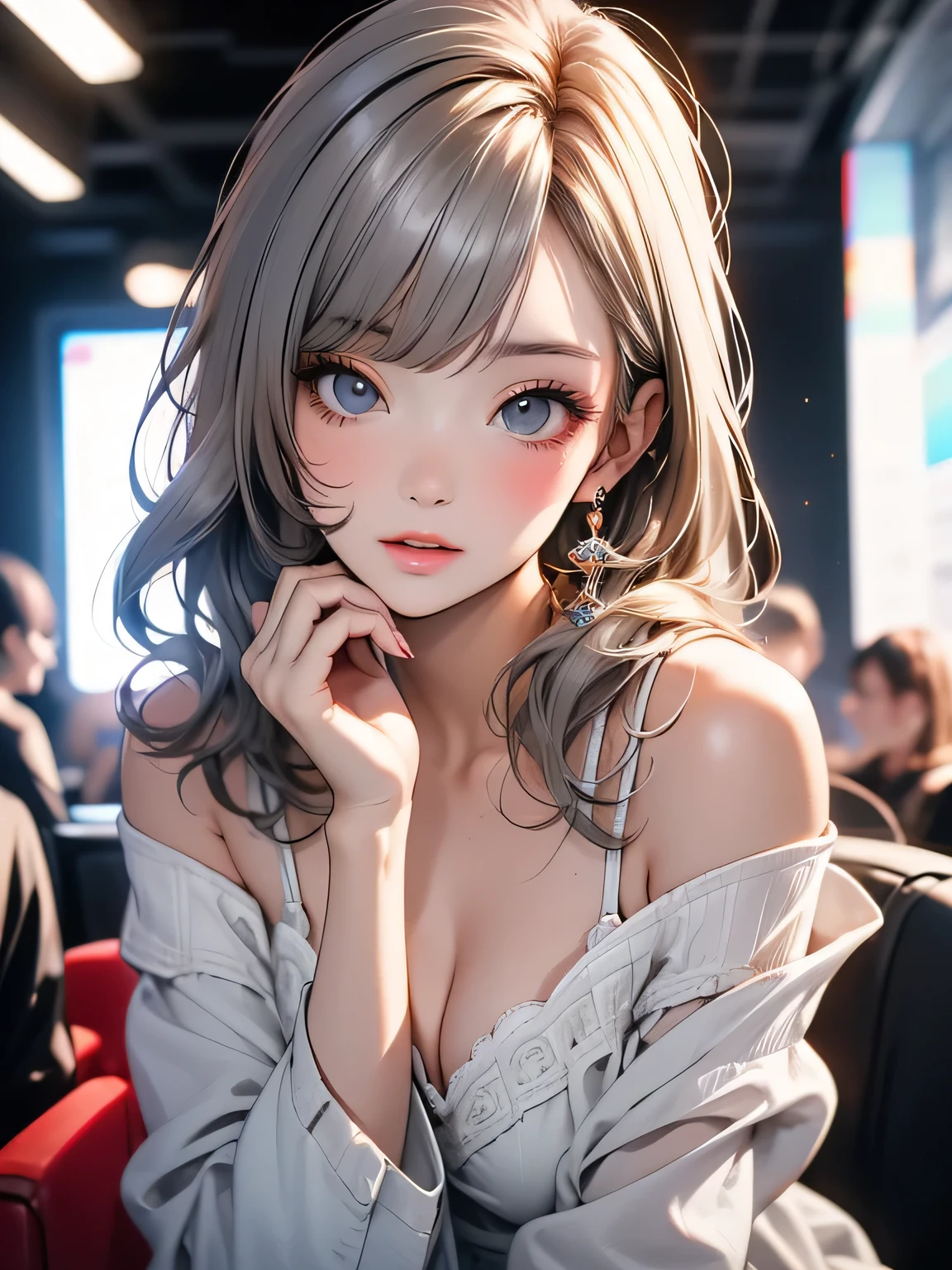 Highest quality, masterpiece, Ultra-high resolution, (Realistic: 1.4), RAW Photos, One girl, Off the shoulder, Cinema Lighting, Kiss pose, Heterochromia iridis, Gray Hair, Cleavage,