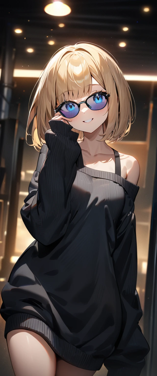 (((One girl))), blond hair, ((sunglasses, hand to sunglasses)), ((bob cut:1.3)), breasts, cleavage, (cowboy shot), standard body, (looking at viewer), oversized clothes, puffy long sleeves, collarbone, ((off-shoulder knit sweater dress:1.3, Quite thick shoulder straps)), (((sleeves past wrists:1.3))), ((black sweater)), ager, head tilt:1.3, (((blue eye))), ((happy smile)), (((anime style))), (best quality, 4k, 8k, highres, masterpiece:1.2, ultra-detailed, ultra-detailed eyes, HDR, UHD, studio lighting, ultra-fine painting, sharp focus, physically-based rendering, extreme detail description, professional, vivid colors, bokeh), ((Highest quality, Best image quality, Ultra-high resolution, Ultra-high resolution, solo, Strong eye highlights)), Depth of written boundary, Natural soft light, attractive, Beautiful Face, Cleanliness, Pure Face, nedium chest, Beautiful Face, Perfect Fingers, Perfect hands, Perfect body, Perfect Face, Shine a light into your eyes, Perfect Anatomy