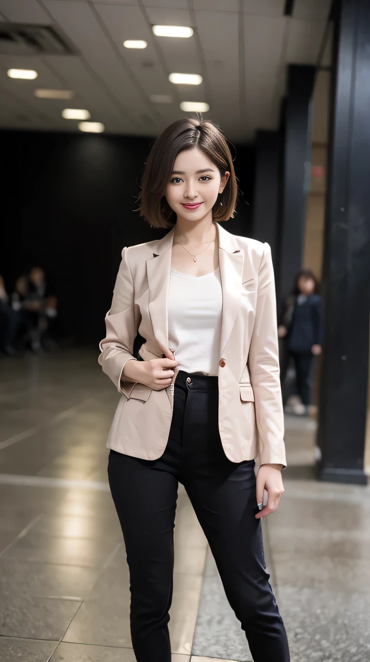 Delicate makeup，Two women standing side by side、Cool Beauty,　Accurately express the fine details of the face and skin texture,(The most beautiful face and eyes), Delicate skin,Looking into the camera、Short Haircut、smile、Jacket、shirt、Pants Style、((Are standing:1.3))、(Ultra-realistic pantyhose:1.2), (High heels)、(Business services)、 indoor, Photo Background,The background is the building&#39;s entrance
