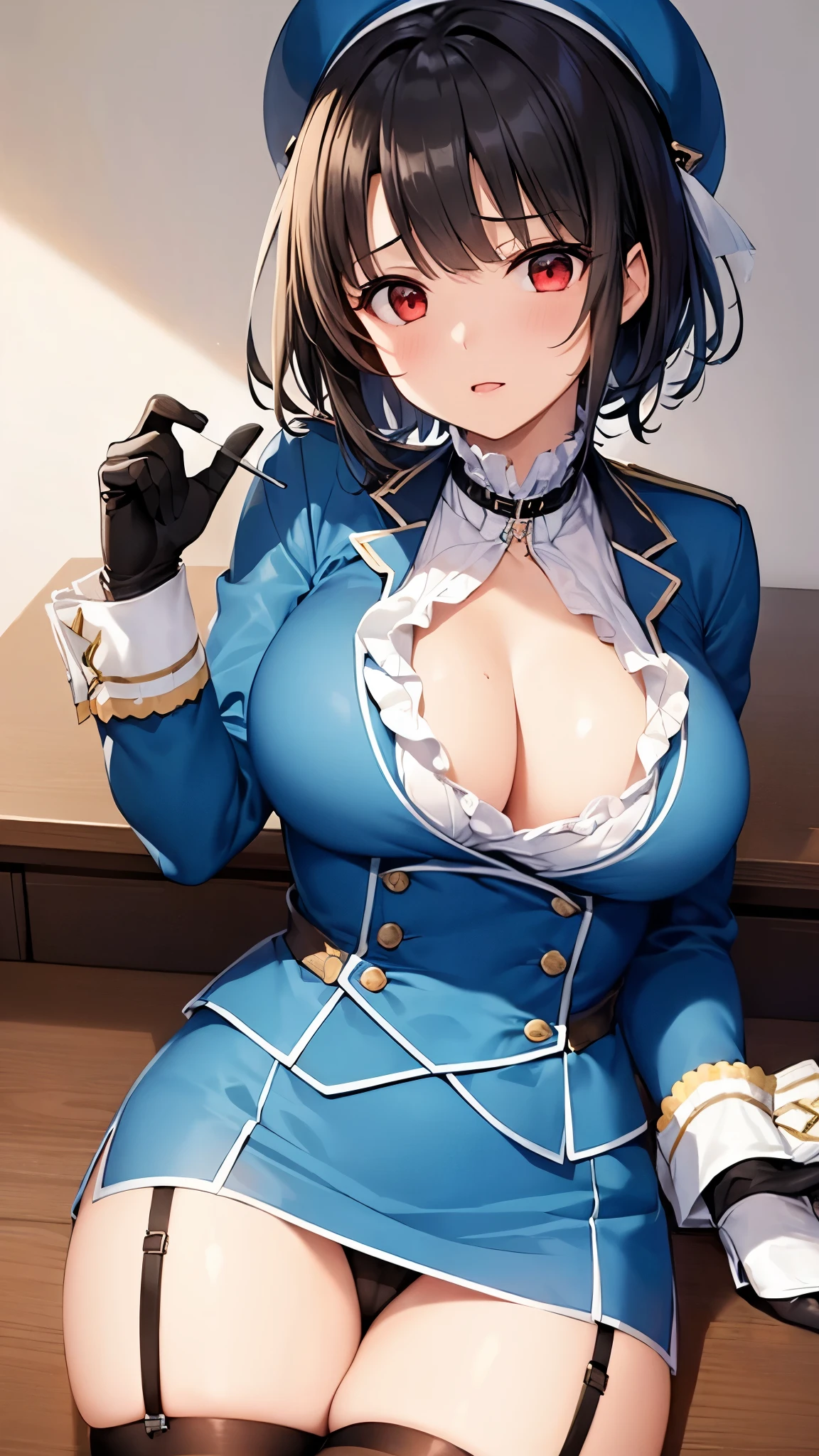 (masterpiece, best quality:1.2),illustration,8k,hd,1girl,solo,upper body,(portrait:1.2),takao \(kancolle\),black hair,red eyes,short hair,large breasts,long sleeves,hat,black gloves,black thighhighs,miniskirt,blue skirt,military uniform,beret,garter straps,blue jacket,blue headwear,pencil skirt, ((panty shoot))