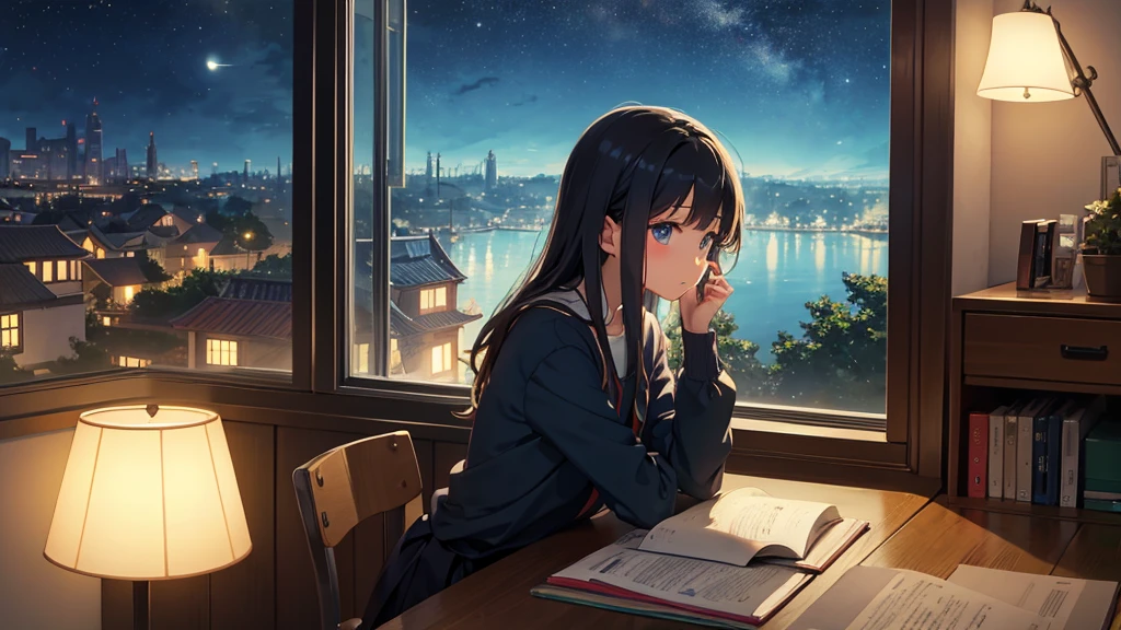 Ghibli style, A girl studying alone at a desk,Beauty, Night view from the room, A dreamy look outside the window, Cute girl in anime style, Relax in your room