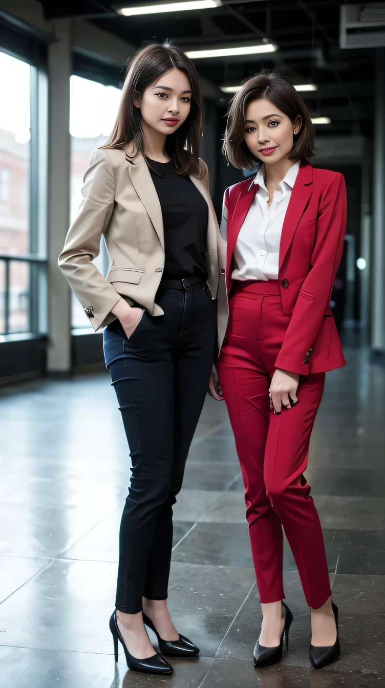 Delicate makeup,Two women standing side by side、Cool Beauty, Accurately express the fine details of the face and skin texture,(The most beautiful face and eyes), Delicate skin,Looking into the camera、Short Haircut、smile、Jacket、shirt、Pants Style、((Are standing:1.3))、(Ultra-realistic pantyhose:1.2), (High heels)、(Business services)、 indoor, Photo Background,The background is the building's entrance