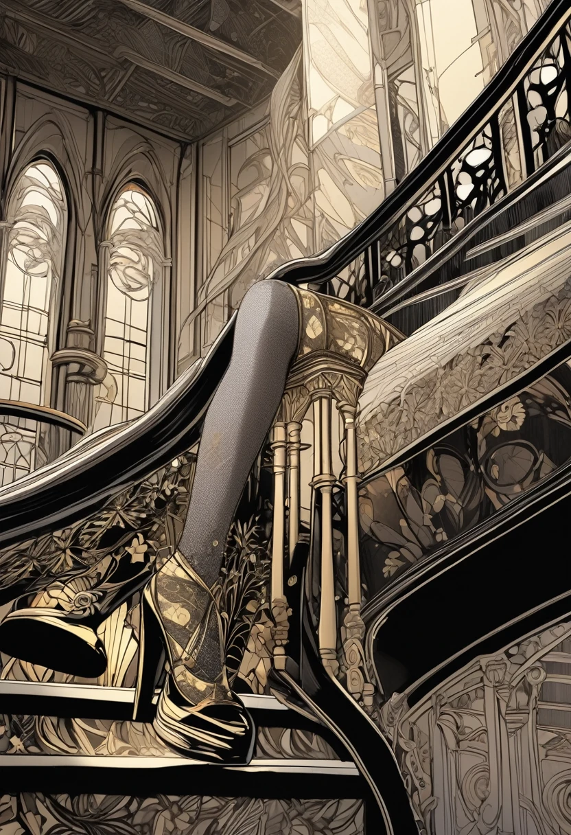Beautiful closeup of black and white striped stockings with gold stars, adorned in high heels in the style of cool, Art Nouveau, romantic illustrations, monochromatic masterpieces, intricate patterns, hand-drawn details, black lines, black ink, and golden light, sitting on the stairs of an old building, close-up perspective, side view, fantasy, and dreamy atmosphere. The background is a starry sky. High resolution, high quality