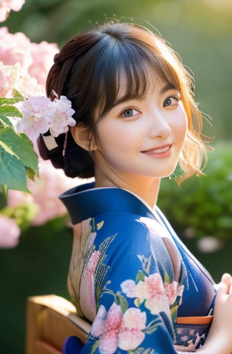 (Light makeup)、(top-quality,masterpiece:1.3,超A high resolution,),(Ultra-detail,Caustics),(Photorealsitic:1.4,RAW shooting,)Ultra-realistic capture,(32k,high detal,high-detail、masterpiece,Attention to detail,full body Esbian,solo,Lori:1.6),Raw photo & realistic atmosphere,beautiful dark blue eyes,Detailed mouth,Glossy lips,Detailed eyebrows,Eyes drawn in detail with soft white skin that shines with every detail)、、 (Skin texture is natural、、The skin looks healthy with an even tone、 Use natural light and color, japanese, A dark-haired, long hair,(depth of fields、realisitic、8K UHD、hight resolution、(1girl in:1.2)、The ultra-detailliert、High quality textures、very detailed CG、High quality shadows, A dark-haired、Kyo-Yuzen、blue Kimono、park background , (Super cute face in idol style:1.4)、slim and beautiful figure、A smile、full body Esbian:1.2, Japanese woman in kimono, 25 years old, hydrangeas flower background, standing under hydrangeas flower, cold lighting, rainning day, wet floor, big smile, colorful kimono