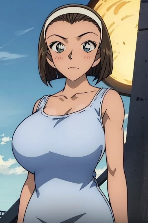 looking at the camera、When I Look at You、lookatviewer、Anime Style、Eroge、1 Girl, (Huge breasts), (Tight white camisole dress)、Low Angle、Brown haired, hair band、Bob Hair、The forehead is visible、blush,The whole body is visible:1.5、Long skirt