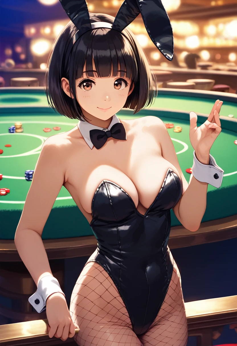 score_9,score_8_up,score_7_up,masterpiece,best quality, source anime, realistic, super detailed, extreme detailed, rating_safe,
1girl, solo, 22yo, short hair, bob cut, (blunt bangs), black hair, (tareme, detailed cute brown eyes), curled eyelashes, (large breasts:0.9), 
shiny hair, beautiful detailed eyes, beautiful face,
Playboy bunny, leotard, fishnet tights, hairband, bowtie, wrist cuffs, 
smile,
casino, fantastic, hustle and bustle