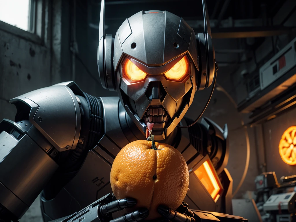 A robot eating tangerine while killing 900 people at the end of the world