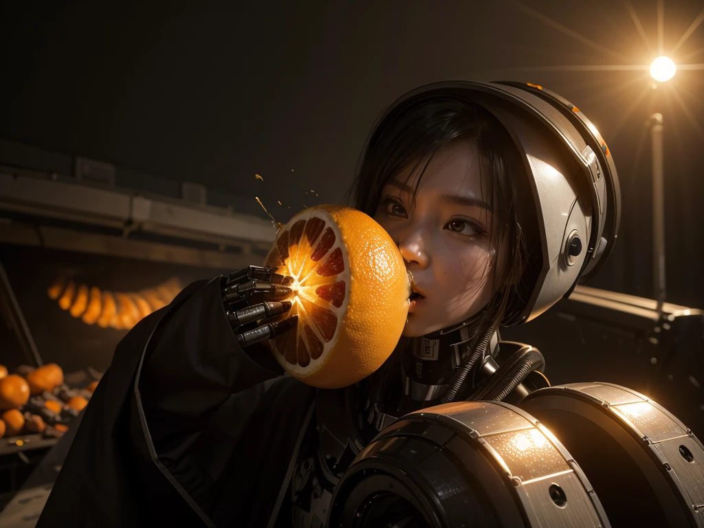 A robot eating tangerine while killing 900 people at the end of the world