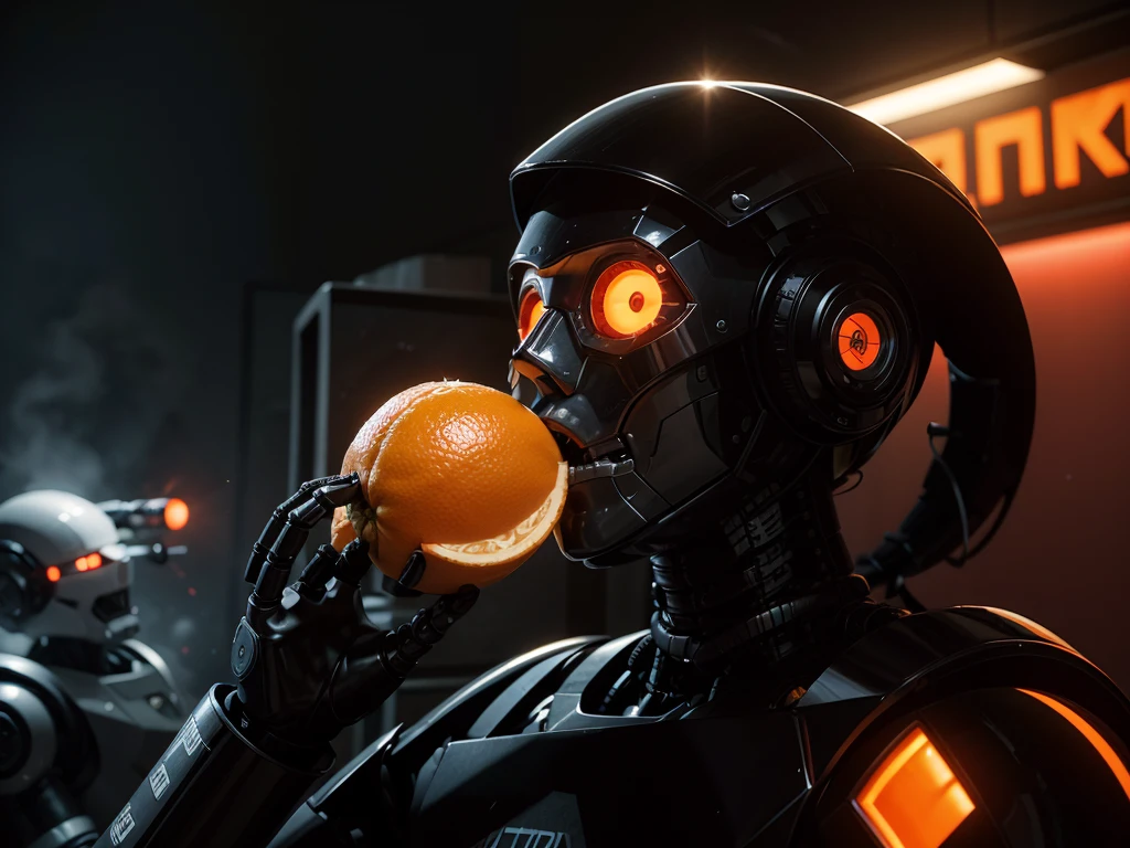 A robot eating tangerine while killing 900 people at the end of the world