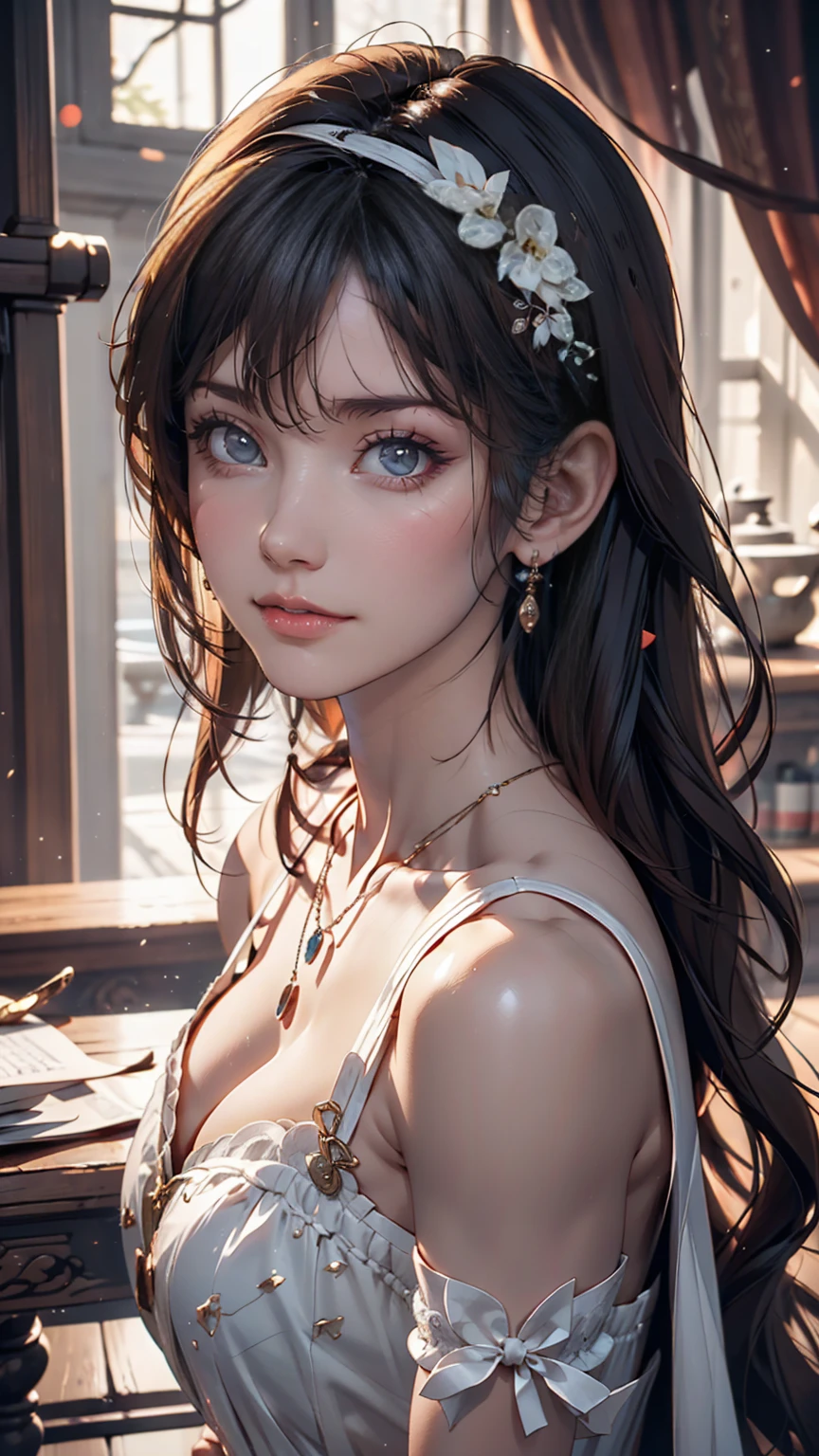 最high quality, masterpiece, High resolution, One girl, Porcelain Dress, hair accessory, necklace, jewelry, Pretty face, On the body, Tyndall effect, Realistic, Shadow Studio, Rim Light, Dual Tone Lighting, (High Definition Skins: 1.2), 8K Ultra HD, Digital SLR, Soft Light, high quality, Volumetric Light, Secretly photographed, photograph, High resolution, 4K, 8K, Background Blur,