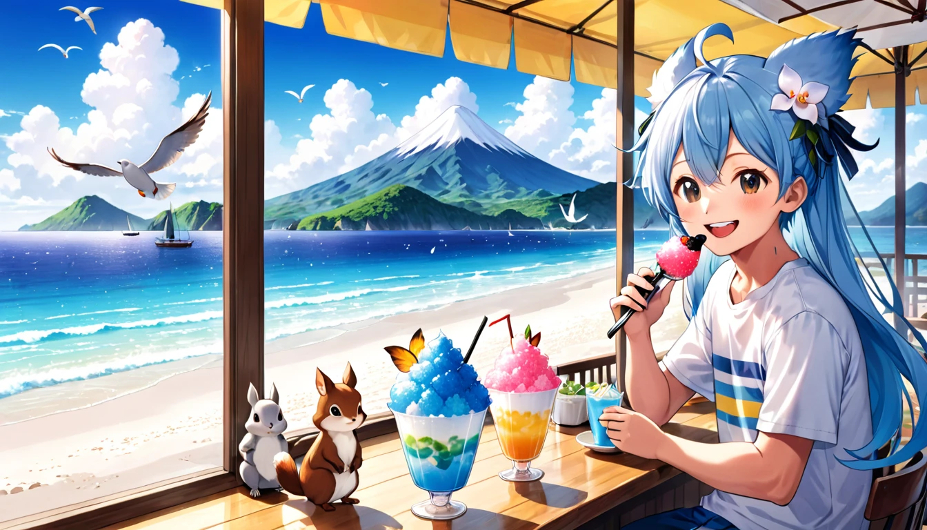 Summer sky seaside cafe、Light blue long hair、Twin-tailed Chibi Character、smile、He is eating the huge mountain of shaved ice in front of him with gusto.、A cafe decorated with lots of orchid flowers、The horizon in the distance、明るいsmileのちびキャラ、Seagulls are flying in the sea、Squirrels by the window