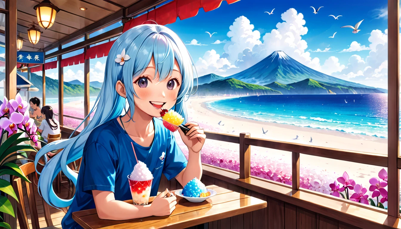 Summer sky seaside cafe、Light blue long hair、Twin-tailed Chibi Character、smile、He is eating the huge mountain of shaved ice in front of him with gusto.、A cafe decorated with lots of orchid flowers、The horizon in the distance、明るいsmileのちびキャラ、Seagulls are flying in the sea、Squirrels by the window