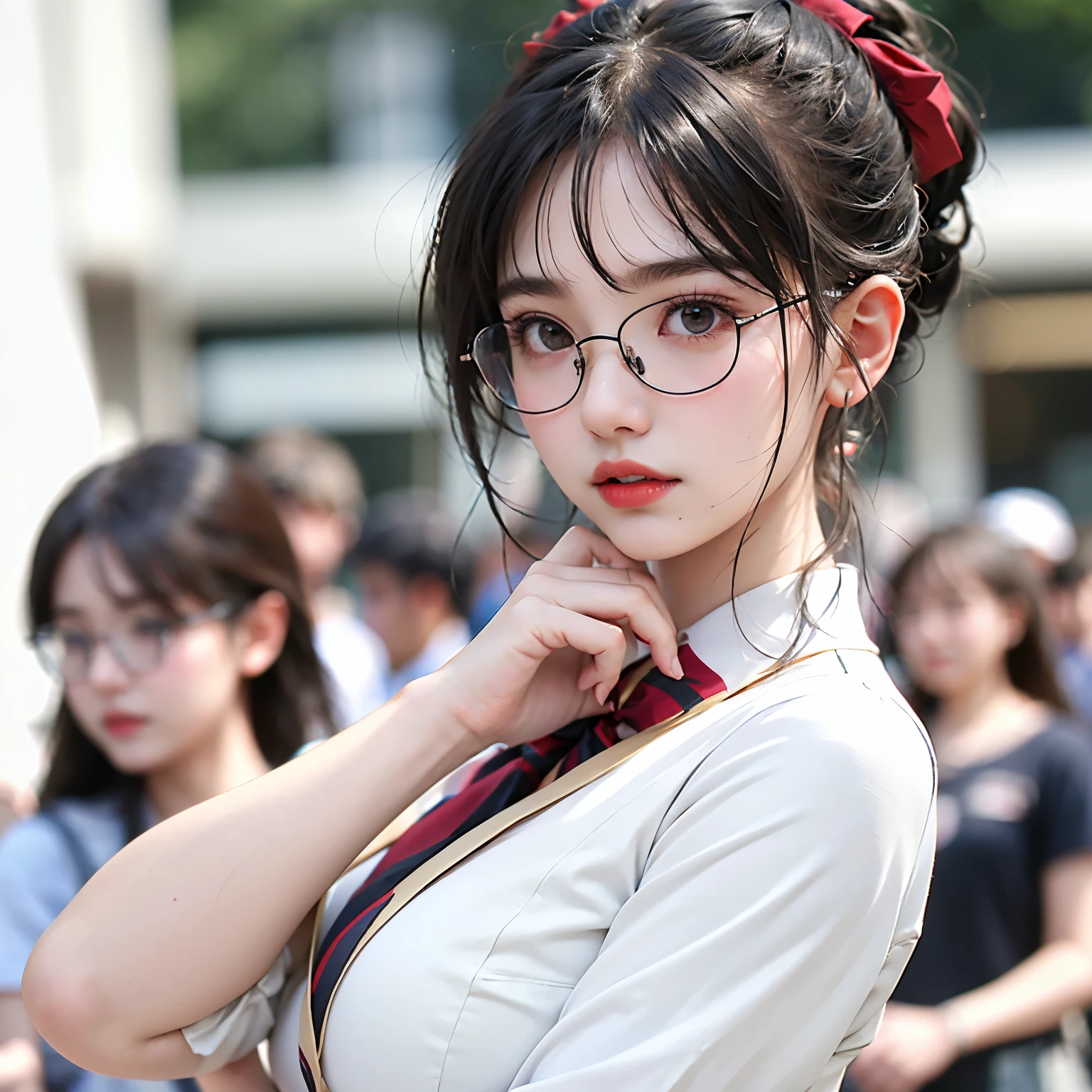 meishaonv, haifeisi, photorealistic,
(Wearing glasses:1.3)、RAW Photos、Realistic、(Super detailed:1.2)、(High resolution)、masterpiece、(Highest quality)、8K、Beautiful and well-proportioned face、(Perfect ???????:1.2)、One Japanese woman、blazer、School Shirts、Tie Ribbon、Mini Pleated Skirt、Increased transparency、School classroom、(Super hourglass body type)、(Super big breasts pointing upwards:1.3)、(Wide super big ass:1.2)、Spread your legs wide、(Sexy and acrobatic poses)、(red cell frame glasses:1.3)、(Wear your glasses lower than usual and place your fingers on the frames:1.3)、Five fingers, perfect in every detail、Show your audience a confident smile、Black hair straight、Hime cut