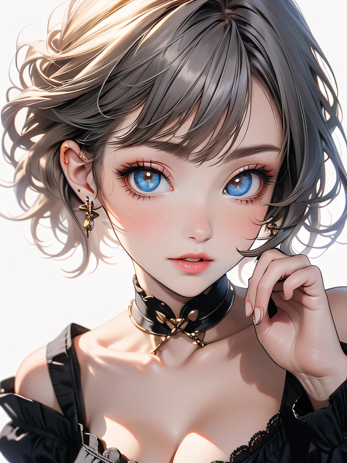 Highest quality, masterpiece, Ultra-high resolution, (Realistic: 1.4), RAW Photos, One girl, Off the shoulder, Cinema Lighting, Kiss pose, Heterochromia iridis, Gray Hair, Cleavage,