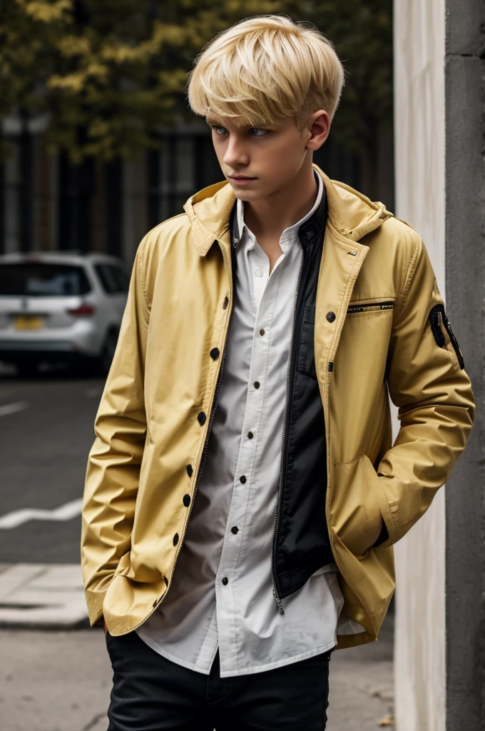 1boy , blonde hair , light yellow eyes , black jacket , white shirt , hands in pocket , wolf cut hair
