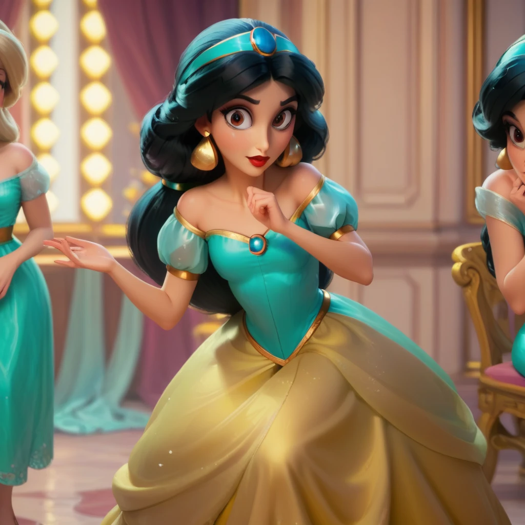 Disney style, a romantic scene between princess jasmine and princess belle