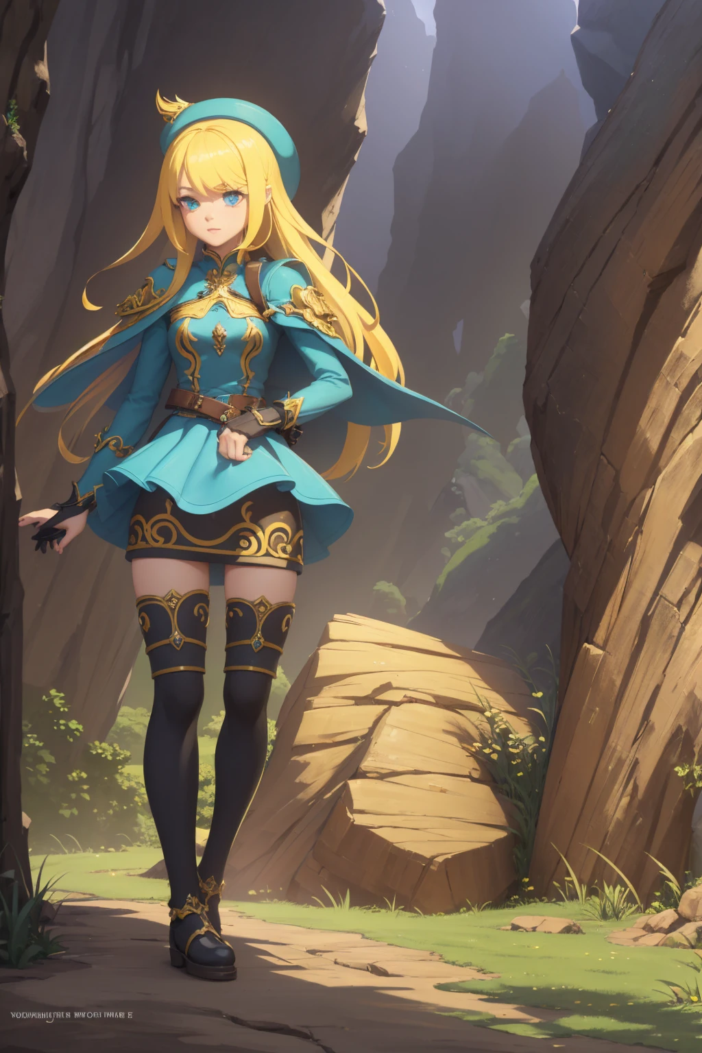 Young woman with yellow hair in cute outfit and cute hat, fantasy character art, Amazing character art, Arte de fantasy character épica, HD fantasy art, epic and exquisite character art, realistic fantasy art, fantasy woman, epic fantasy art style hd, fantasy character, digital fantasy art), fantasy style art, detailed fantasy art, high quality fantasy art, costume clothing, 2D fantasy digital art
