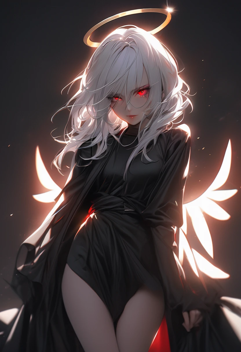 masterpiece , morning , beauty , white hair , red eyes , halo ring angel , soft light , dark vibe , no wings , she looks badass , glowing eyes