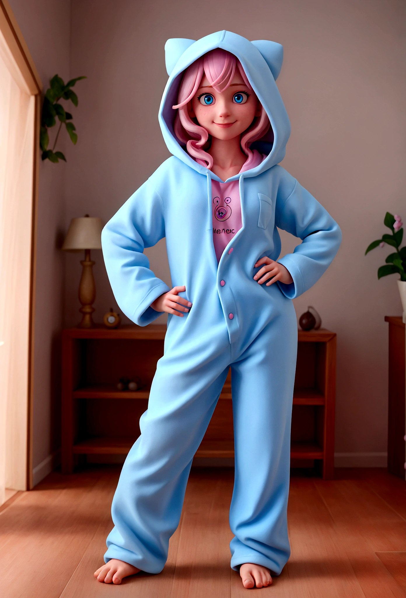 The image features a realistic girl against a dark background. The character has strong light pink hair, blue eyes, he must be wearing entirely pink hooded pajamas, make her hair be over the pajamas, make her have her hands on her hips, the character is a girl. The character's pose is friendly and welcoming, make him smile and be happy, make him realistic