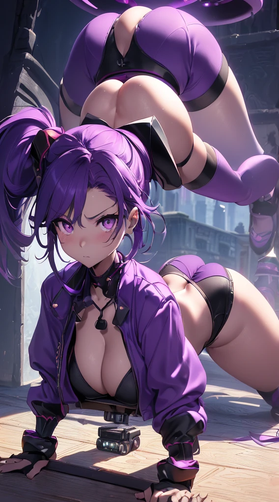 top-quality、Top image quality、​masterpiece、girl with((18year old、Best Bust、big bast,Beautiful purple eyes、Breasts wide open, Purple ponytail、A slender、Large valleys、Purple Sports Bra、Black jacket,Purple shorts,Red high heels、Reflecting the whole body、Purple Necklace、Red face、Slippery texture、Headphones on the head,Holding your phone in your hand、Flying Attack Drone、posterior view、emphasis on the buttocks、Anxious face)）hiquality、Beautiful Art、Background with((A city that shines at night)))、,masutepiece、visualart、depth of fields、