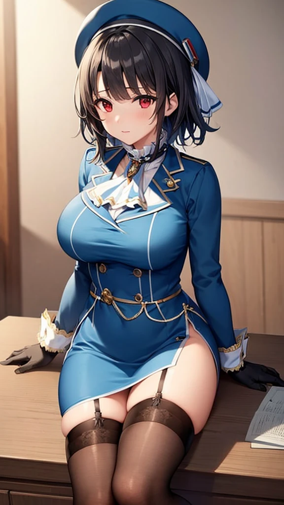 (masterpiece, best quality:1.2),illustration,8k,hd,1girl,solo,upper body,(portrait:1.2),takao \(kancolle\),black hair,red eyes,short hair,large breasts,long sleeves,hat,black gloves,black thighhighs,miniskirt,blue skirt,military uniform,beret,garter straps,blue jacket,blue headwear,pencil skirt,NSFW