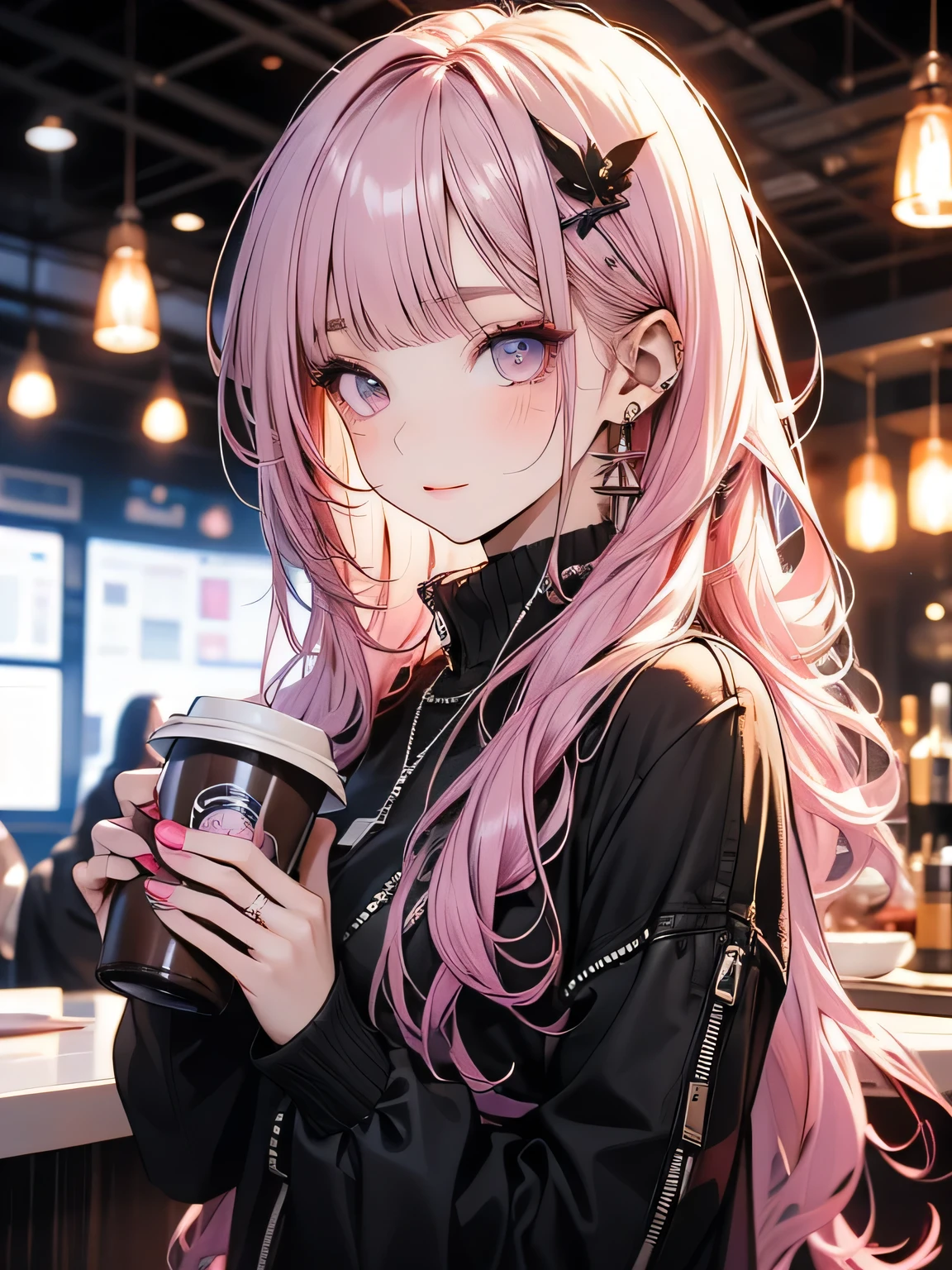 Futuristic Girl, Purple eyes, space, Pink Hair, Long Hair, Futuristic Coffee Shop,One girl,Beautiful attention to detail, Detailed face, cute,