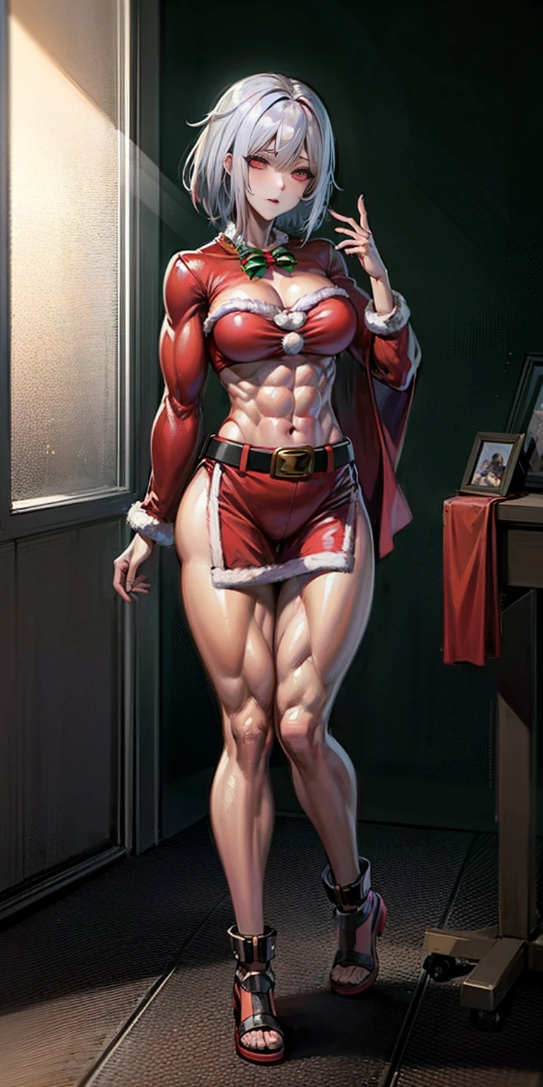 (((1 girl))), (Cassia Orsellio), (short white hair), (Red eyes), , (((wearing a sexy Santa suit))), (Full body view), (in the motel room), (((slender, muscular legs))), thin waist, Stomach Muscles, big ass, (((Full body photo))), black high heel shoes, (standing with one eye closed and showing her very sensual tongue), (((very sensual expression))), (HDR), eye reflection, extended eyes, extended eyes, moody, cheered up, minimalism, cheered up style, ray tracing, cinematic lighting, cinematic lighting, shine, shine, jpeg artifacts, bright light, rays of god, ray tracing, drop shadow, panorama, Sony FE, from behind, below, below, UHD, piece of teacher, necessary, necessary, anatomically correct, super detail, high quality , Best Quality , very high, 16k