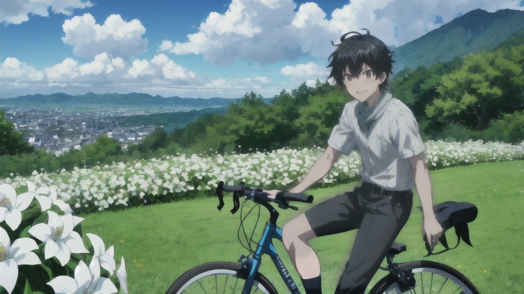 ((Highest quality)), ((masterpiece)), (detailed), Highest quality、High resolution、８K、Grey Sky、dim、male、male子学生、17 years old、soaked、bicycleを全力で漕いでいる、bicycleに乗っている、Very cloudy sky、Shower、Japan、Urban park、bicycle、White short sleeve shirt、Black trousers、bicycleに乗ったJapanの学生服を着たmale子学生の後ろ姿、Heavy downpour、Gardenia flowers、Slope、Japanのアニメのような画風、超High resolutionかわいい萌えアニメ8k