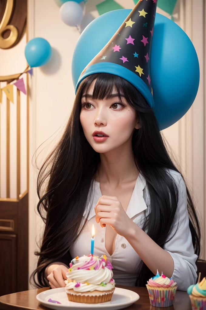 A tall woman with fair skin and long black hair wearing a party hat, blowing out the candle in a cup cake is in a setting similar to the Disney film Inside Out/pixar