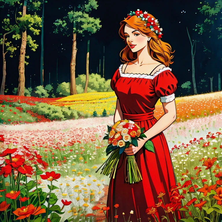 there is a girl in a red and white dress holding a bouquet, girl in flowers, picking flowers, Holding flowers, picking up a flower, girl standing in flower field, girl standing in a field of flowers, flowers on heir cheeks, girl in a field of flowers, portrait of girl in flower field, girl walking in the forest,  with flower head