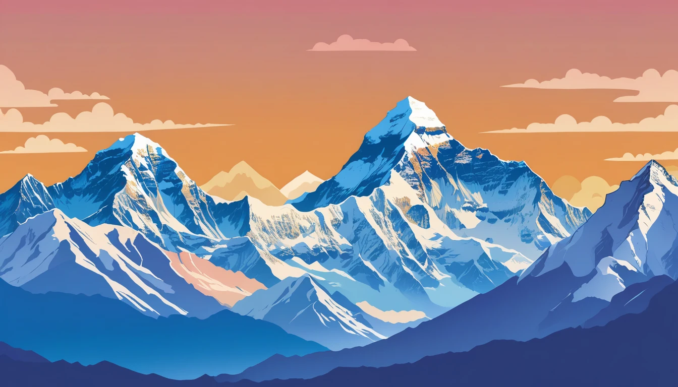 ((high resolution: 1.1))Himalayas，Snowy，The sky is magnificent。Wide panorama，high resolution、High Definition，Cool colors，Flat Wind，Minimalist illustration，Vector。((high resolution: 1.1))Illustration of a snow mountain range in the vector, using simple shapes and a 2D flat, vector artwork features beautiful colors with a blue sky and orange sunset, peaks, capped, covered, resembling a view, Mount Everest，Flat Wind，Minimalist illustration，Vector。