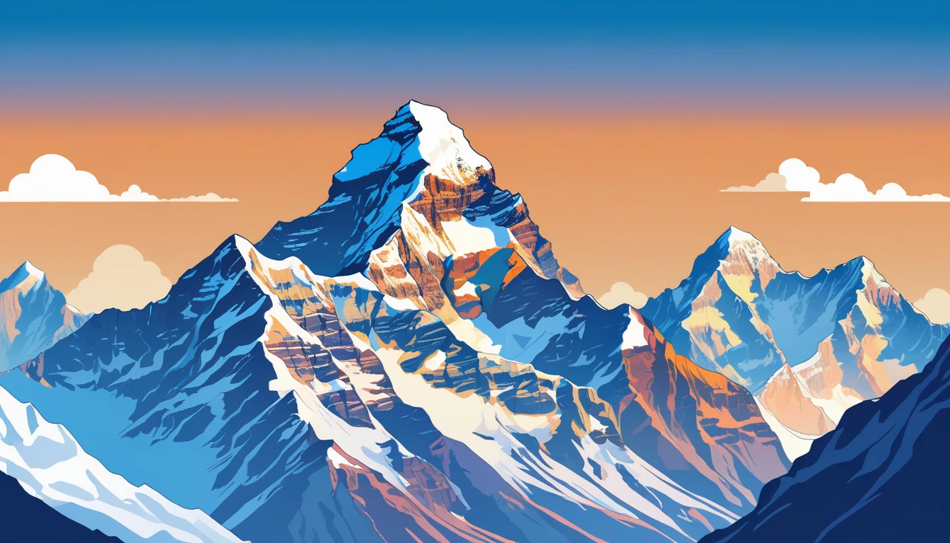 ((high resolution: 1.1))Himalayas，Snowy，The sky is magnificent。Wide panorama，high resolution、High Definition，Cool colors，Flat Wind，Minimalist illustration，Vector。((high resolution: 1.1))Illustration of a snow mountain range in the vector, using simple shapes and a 2D flat, vector artwork features beautiful colors with a blue sky and orange sunset, peaks, capped, covered, resembling a view, Mount Everest，Flat Wind，Minimalist illustration，Vector。