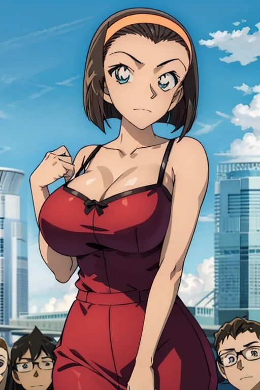 looking at the camera、When I Look at You、lookatviewer、Anime Style、Eroge、1 Girl,  (Huge breasts), (Tight white camisole dress)、Low Angle、Brown haired, hair band、Bob Hair、The forehead is visible、blush,The whole body is visible:1.5、Long skirt、Crew neck top