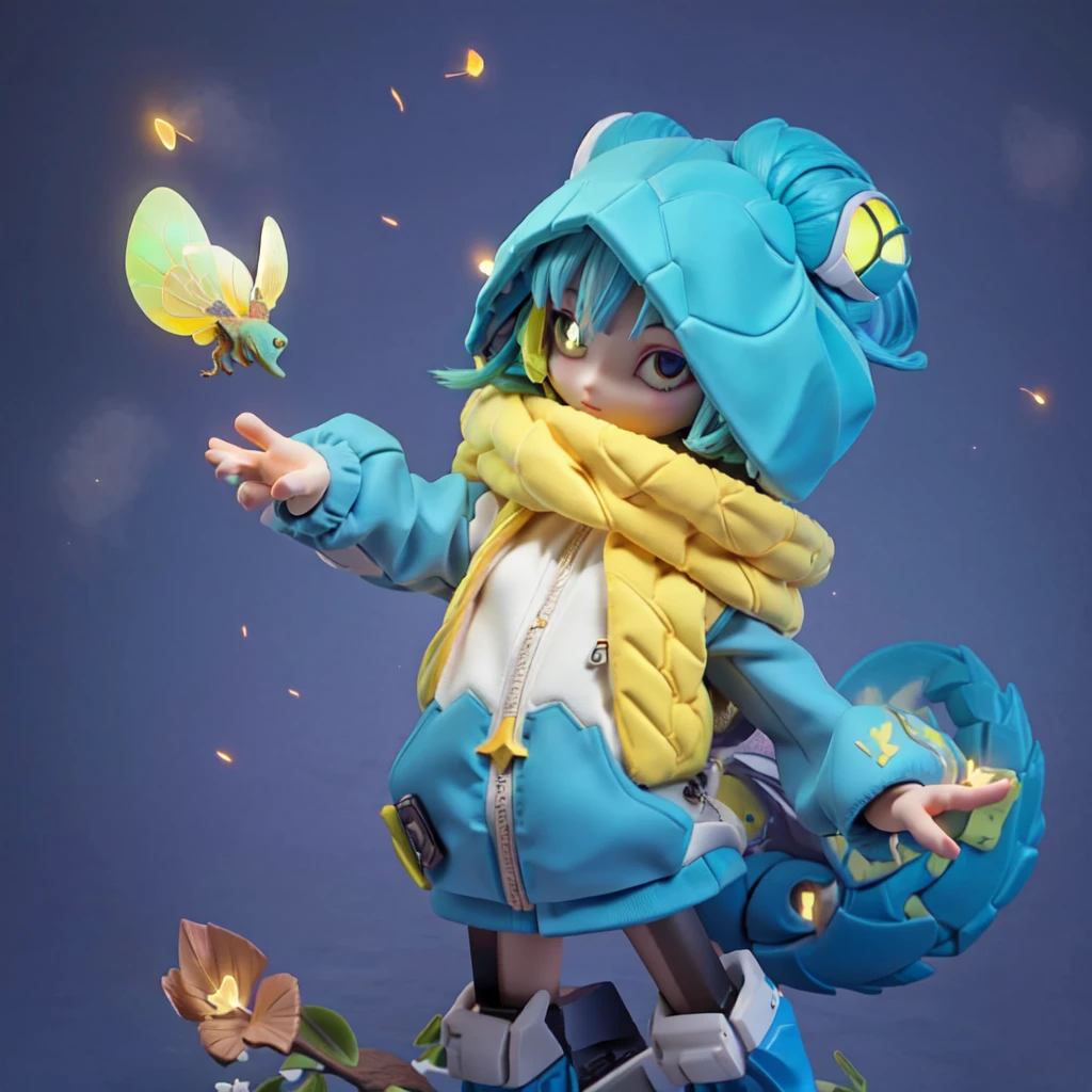 there is a anime girl character holding a Fireflies and Use chameleon sweater, stylized 3d render