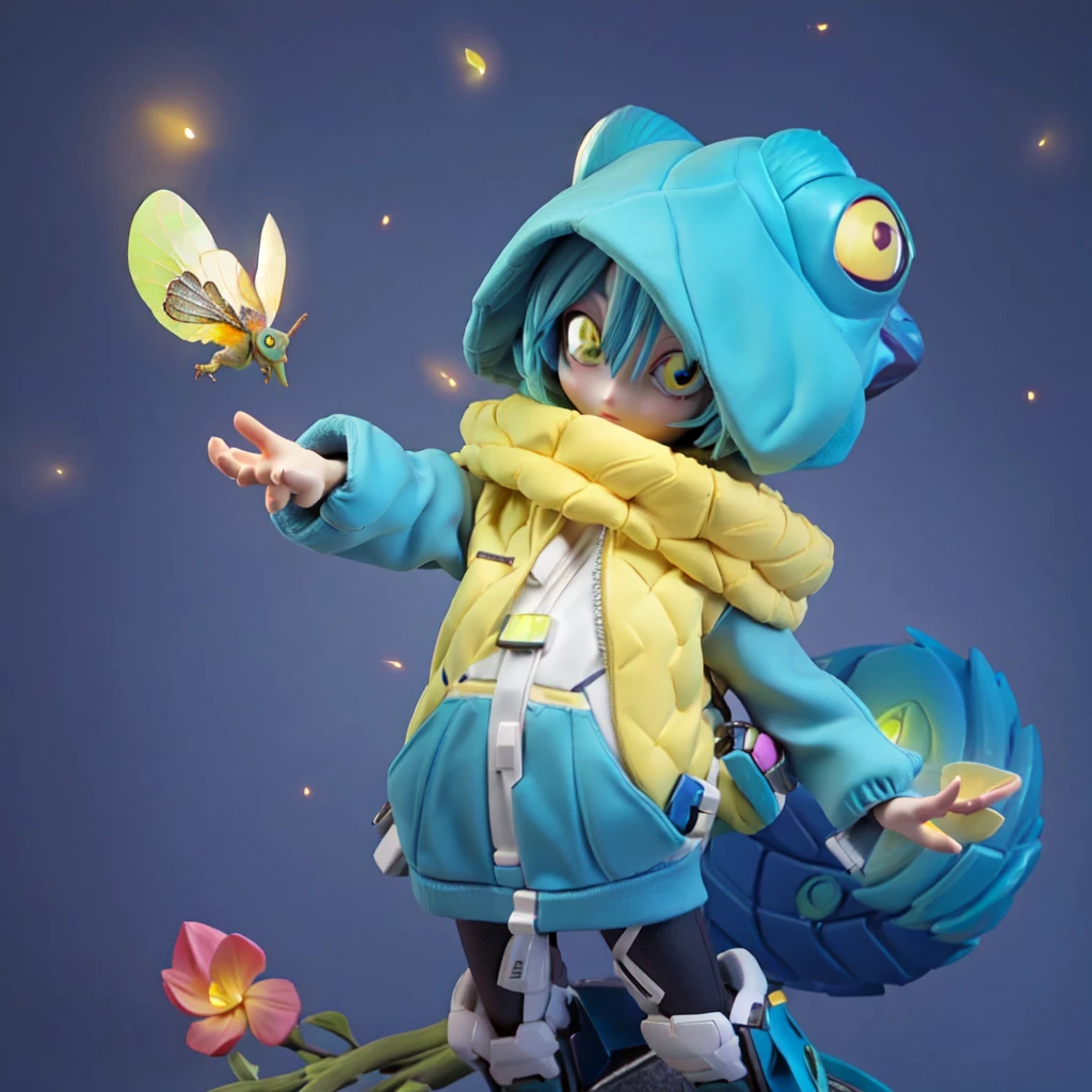 there is a anime girl character holding a Fireflies and Use chameleon sweater, stylized 3d render
