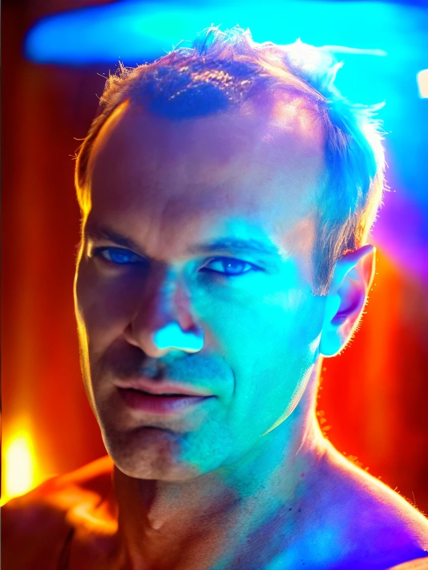 neongirls fullbody photo of a man. (skin pores:0.9), (imperfect skin:0.8), (wrinkles:0.5), (blemishes:0.7), (freckles:0.5), neon lights blue and red dark bar in the background, very sharp, high quality, intricate detail, professional photography Todder9