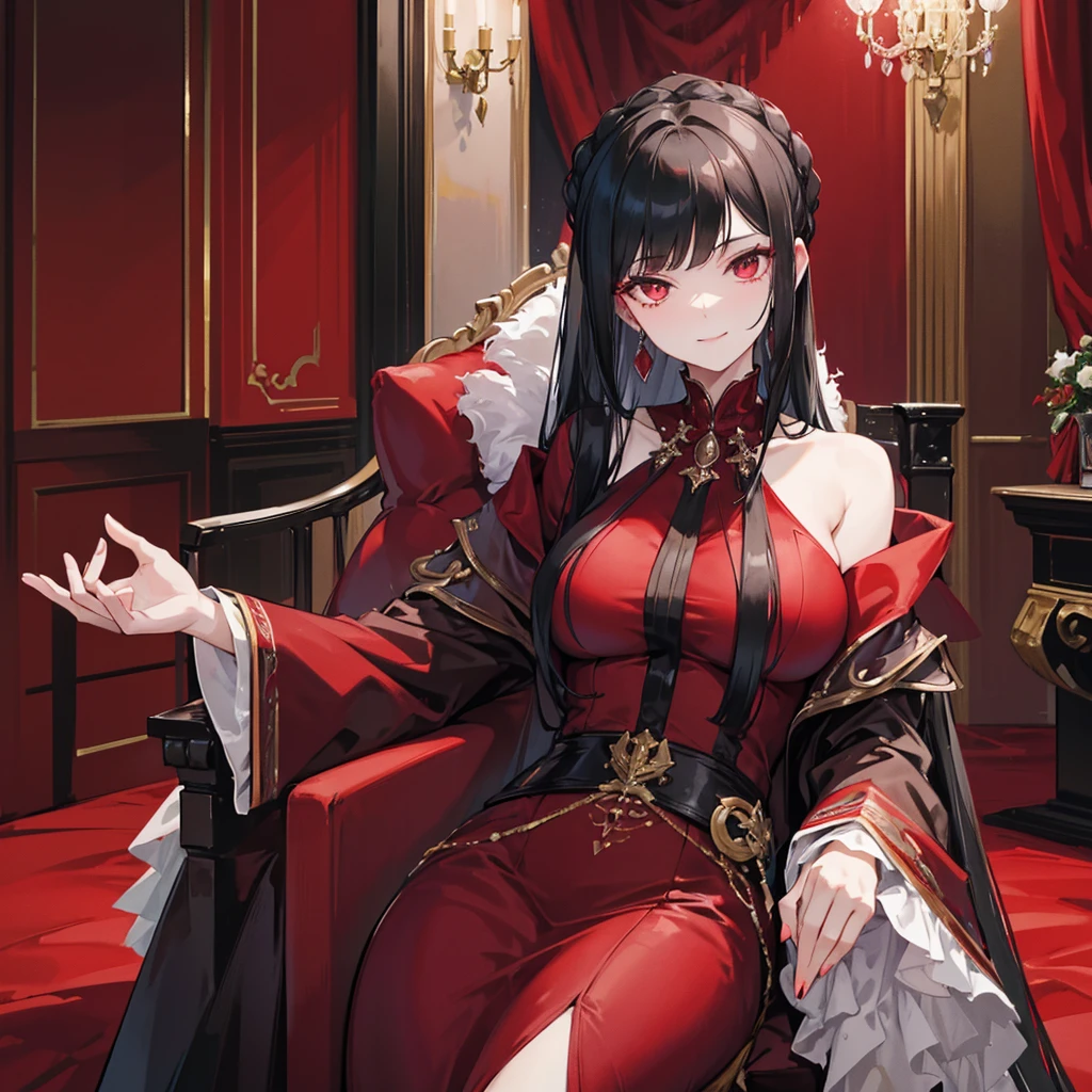 A composed white woman, mature, black hair, Aristocrat mafia boss, dressed in a full composed dark red gown that covers her entire body, ruthless expression with a smile on face, opulent home settings, modern mafia home background. SFW image.